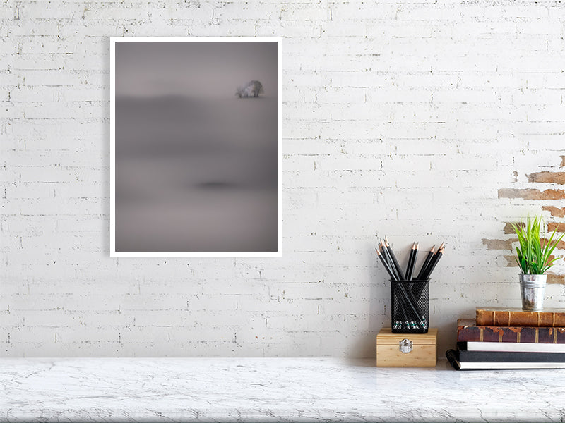 Ethereal Horizons - Pt 1 - Island Of Solitude by Lucas Vale – Giclée Print, 64cm x 86cm, 25.4in x 33.9in, Print Only, placed above a sleek desk in a modern workspace