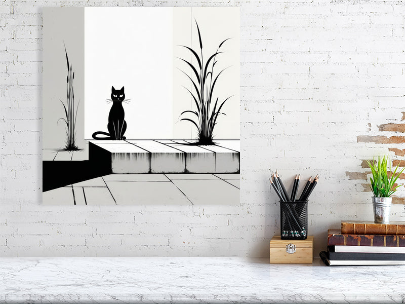 The Tale Of A Cat - Pt 1 - Solitary Grace by Elena Selene – Giclée Print, 30cm x 45cm, 11.8in x 17.7in, Oak Frame, placed above a sleek desk in a modern workspace