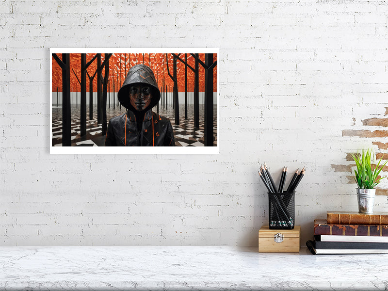 Fragments Of The Orange Labyrinth - Flame And Shadow by Marina Sable – Giclée Print, 70cm x 100cm, 27.6in x 39.4in, Black Frame, placed above a sleek desk in a modern workspace