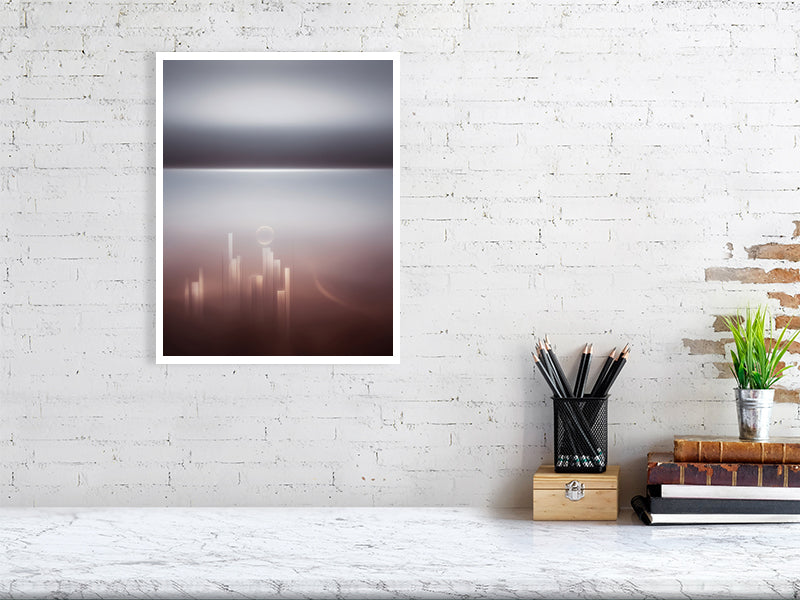 Ethereal Horizons - Pt 1 - Ascending Skyline by Lucas Vale – Giclée Print, 115cm x 115cm, 45.3in x 45.3in, Print Only, placed above a sleek desk in a modern workspace