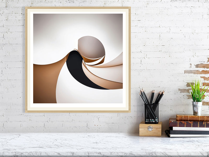 Golden Lumina - Spiral Interlude by Lucas Vale – Giclée Print, 50cm x 50cm, 19.7in x 19.7in, Oak Frame, placed above a sleek desk in a modern workspace
