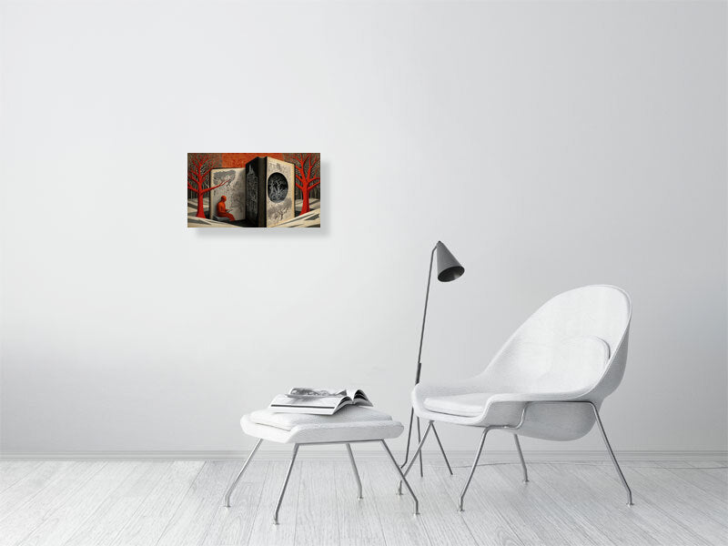 Fragments Of The Orange Labyrinth - Ethereal Library by Marina Sable – Giclée Print, 50cm x 50cm, 19.7in x 19.7in, Print Only, placed above a sleek desk in a modern workspace