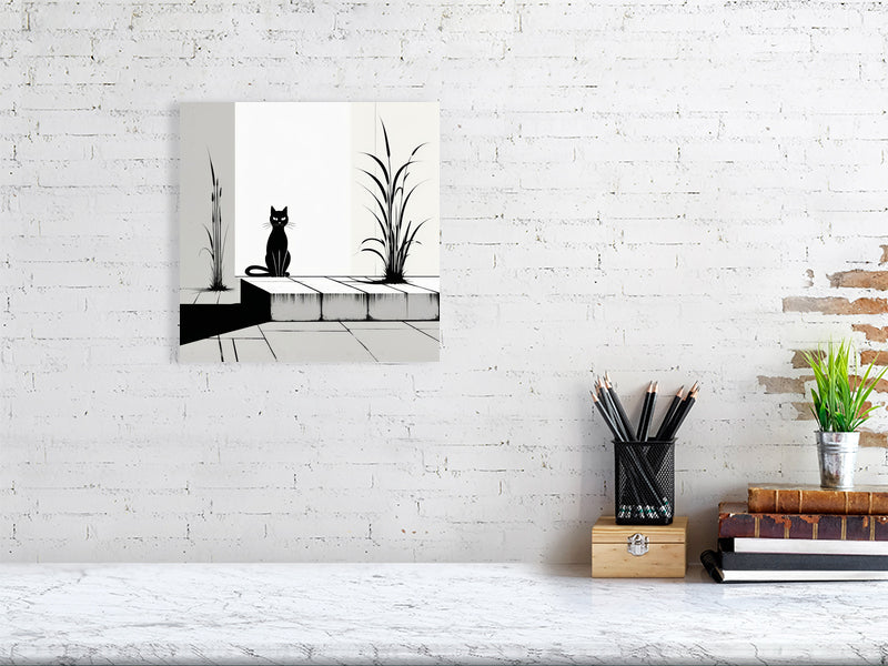 The Tale Of A Cat - Pt 1 - Solitary Grace by Elena Selene – Giclée Print, 115cm x 115cm, 45.3in x 45.3in, Print Only, placed above a sleek desk in a modern workspace