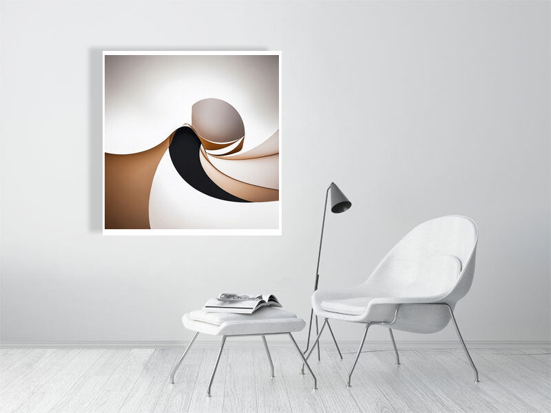Golden Lumina - Spiral Interlude by Lucas Vale – Giclée Print, 40cm x 40cm, 15.8in x 15.8in, Print Only, placed above a sleek desk in a modern workspace