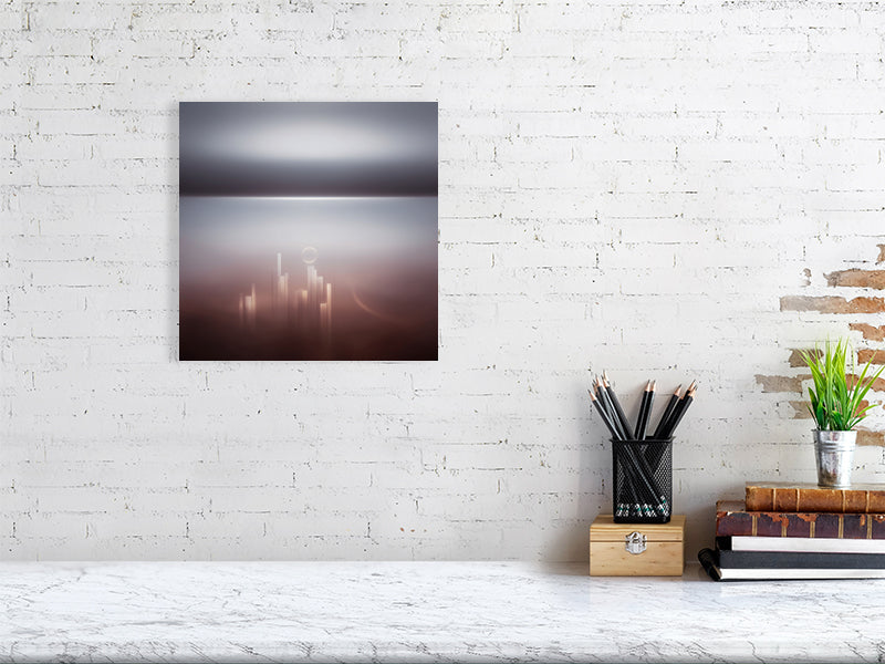 Ethereal Horizons - Pt 1 - Ascending Skyline by Lucas Vale – Giclée Print, 150cm x 150cm, 59.1in x 59.1in, Print Only, placed above a sleek desk in a modern workspace