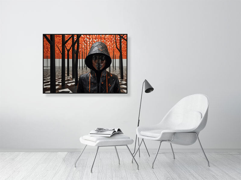 Fragments Of The Orange Labyrinth - Flame And Shadow by Marina Sable – Giclée Print, 94cm x 167cm, 36.9in x 65.7in, Print Only, placed above a sleek desk in a modern workspace
