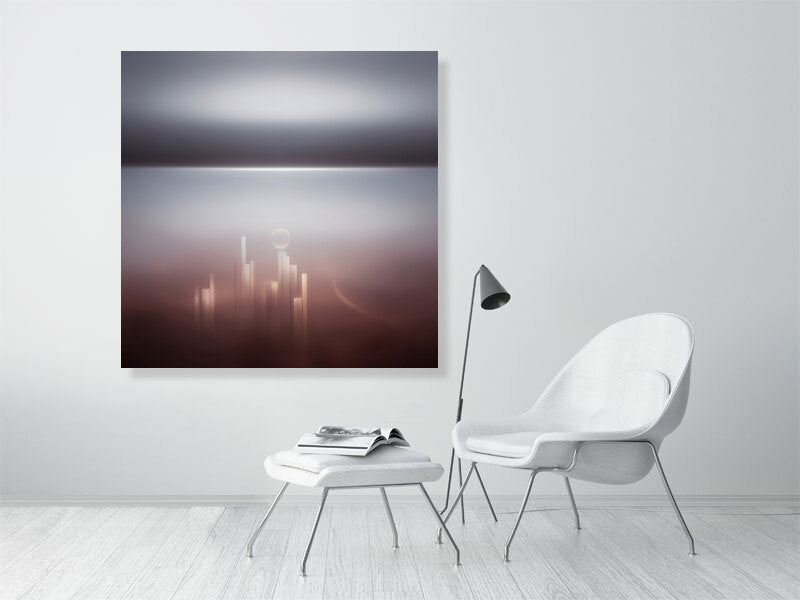 Ethereal Horizons - Pt 1 - Ascending Skyline by Lucas Vale – Giclée Print, 30cm x 45cm, 11.8in x 17.7in, Oak Frame, placed above a sleek desk in a modern workspace