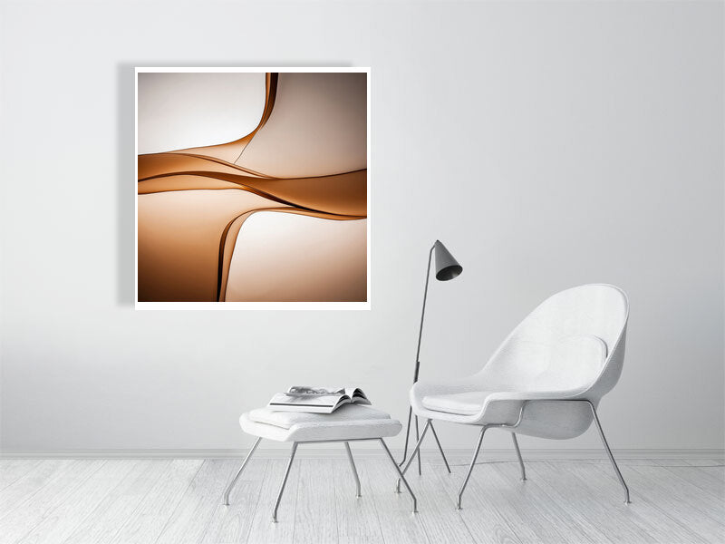 Golden Lumina - Sepia Flow by Lucas Vale – Giclée Print, 40cm x 40cm, 15.8in x 15.8in, Print Only, placed above a sleek desk in a modern workspace
