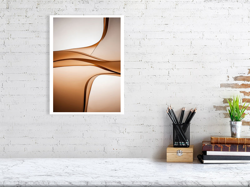 Golden Lumina - Sepia Flow by Lucas Vale – Giclée Print, 60cm x 83cm, 23.8in x 32.7in, Print Only, placed above a sleek desk in a modern workspace