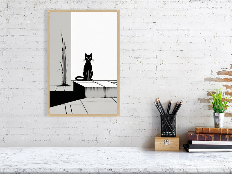 The Tale Of A Cat - Pt 1 - Solitary Grace by Elena Selene – Giclée Print, 60cm x 80cm, 23.8in x 31.5in, Black Frame, placed above a sleek desk in a modern workspace