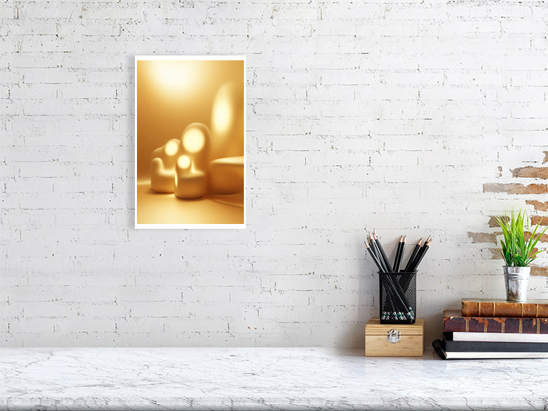 Golden Lumina - Luminous Haven by Lucas Vale – Giclée Print, 31cm x 41cm, 12.1in x 16.1in, Print Only, placed above a sleek desk in a modern workspace