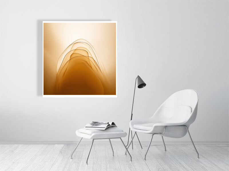 Golden Lumina - Golden Layers by Lucas Vale – Giclée Print, 40cm x 40cm, 15.8in x 15.8in, Print Only, placed above a sleek desk in a modern workspace
