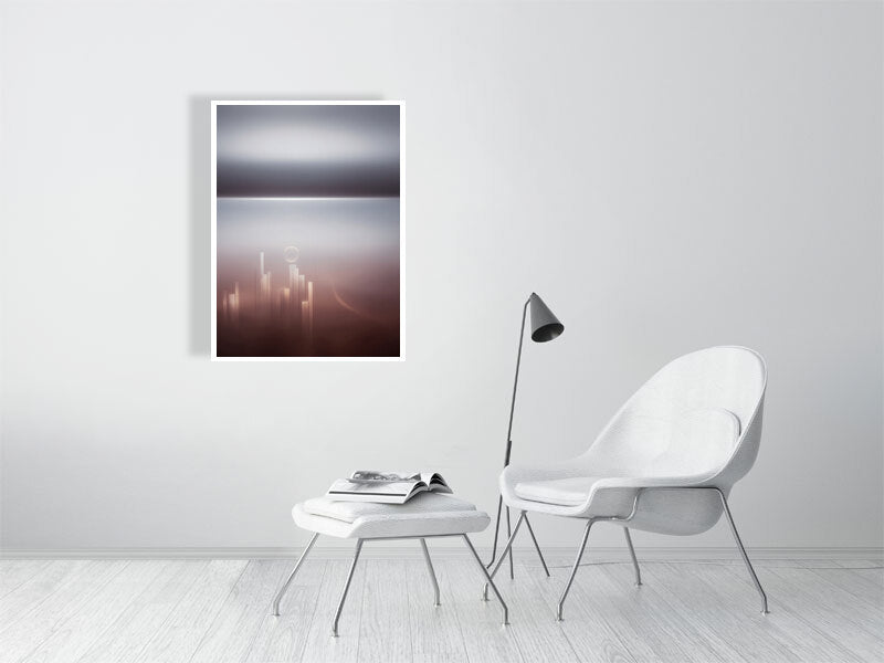 Ethereal Horizons - Pt 1 - Ascending Skyline by Lucas Vale – Giclée Print, 50cm x 50cm, 19.7in x 19.7in, Print Only, placed above a sleek desk in a modern workspace