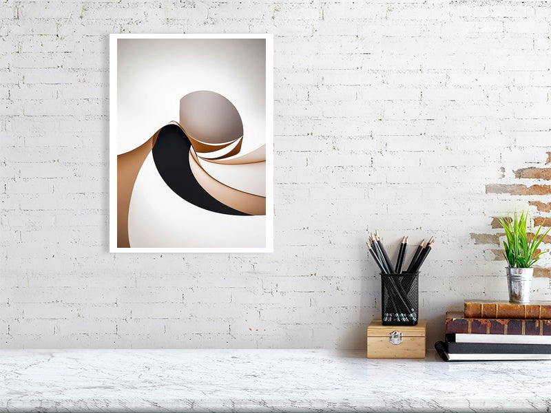 Golden Lumina - Spiral Interlude by Lucas Vale – Giclée Print, 60cm x 83cm, 23.8in x 32.7in, Print Only, placed above a sleek desk in a modern workspace