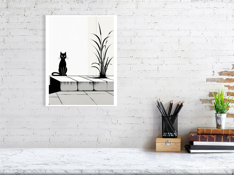 The Tale Of A Cat - Pt 1 - Solitary Grace by Elena Selene – Giclée Print, 64cm x 86cm, 25.4in x 33.9in, Print Only, placed above a sleek desk in a modern workspace