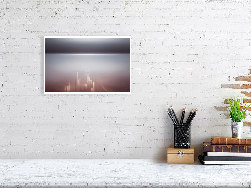 Ethereal Horizons - Pt 1 - Ascending Skyline by Lucas Vale – Giclée Print, 30cm x 30cm, 11.8in x 11.8in, Print Only, placed above a sleek desk in a modern workspace