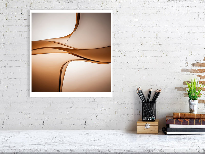 Golden Lumina - Sepia Flow by Lucas Vale – Giclée Print, 152cm x 152cm, 60.0in x 60.0in, Print Only, placed above a sleek desk in a modern workspace