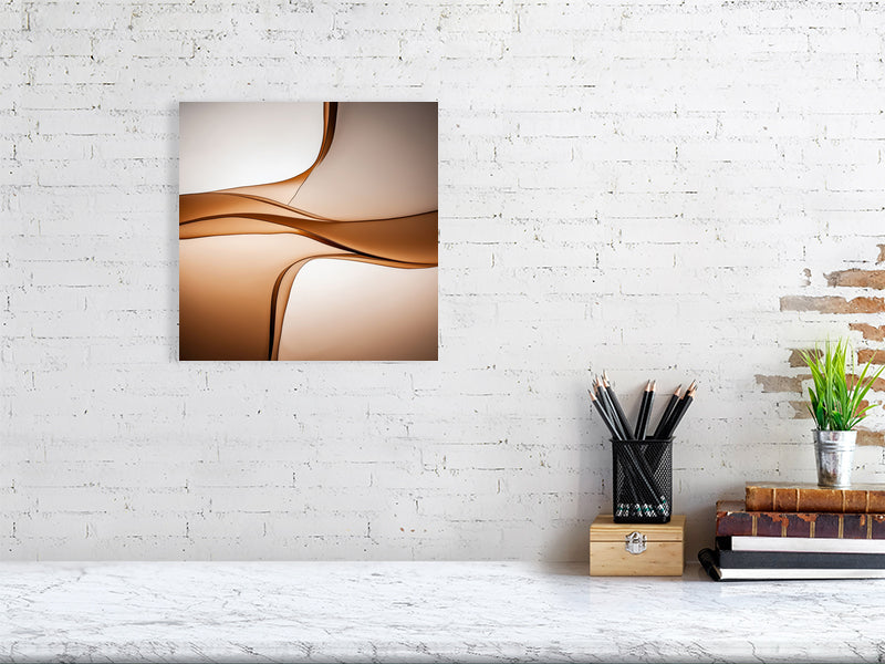 Golden Lumina - Sepia Flow by Lucas Vale – Giclée Print, 50cm x 50cm, 19.7in x 19.7in, Black Frame, placed above a sleek desk in a modern workspace