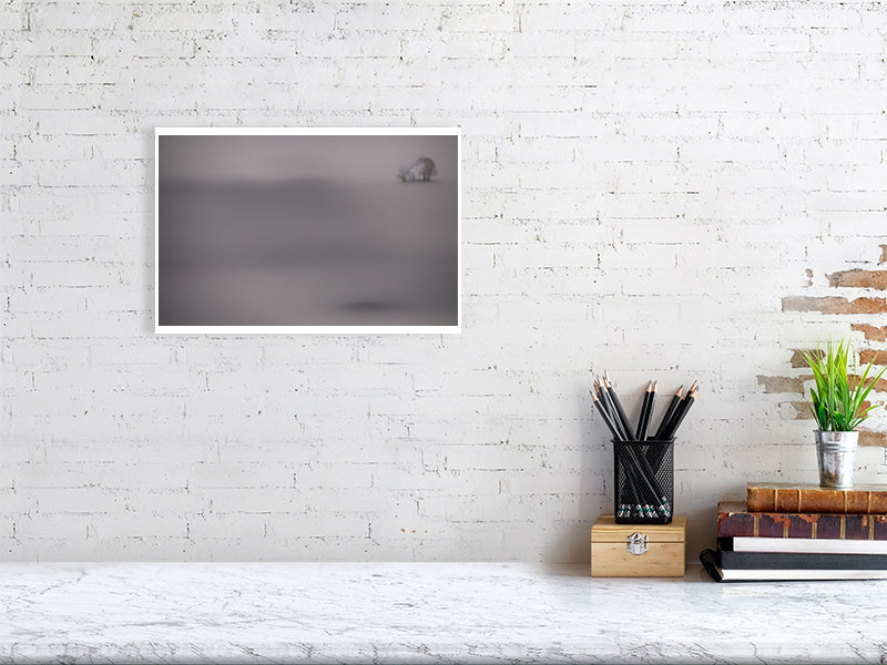 Ethereal Horizons - Pt 1 - Island Of Solitude by Lucas Vale – Giclée Print, 32cm x 40cm, 12.4in x 15.8in, Print Only, placed above a sleek desk in a modern workspace