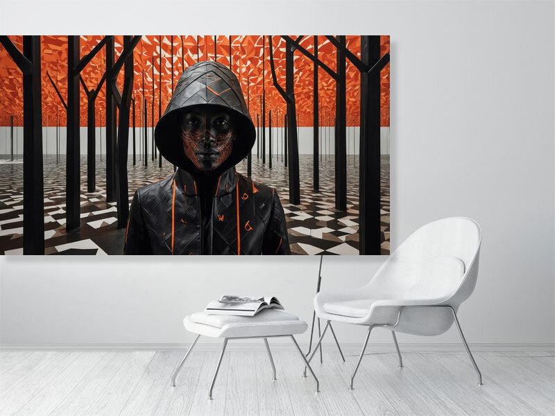 Fragments Of The Orange Labyrinth - Flame And Shadow by Marina Sable – Giclée Print, 50cm x 50cm, 19.7in x 19.7in, Print Only, placed above a sleek desk in a modern workspace