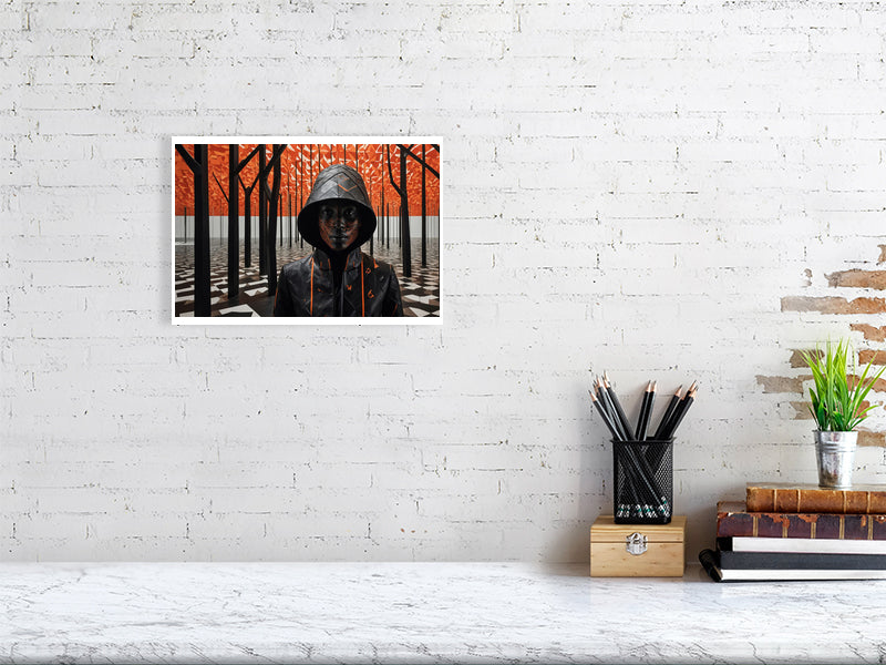 Fragments Of The Orange Labyrinth - Flame And Shadow by Marina Sable – Giclée Print, 30cm x 42cm, 11.7in x 16.5in, Print Only, placed above a sleek desk in a modern workspace