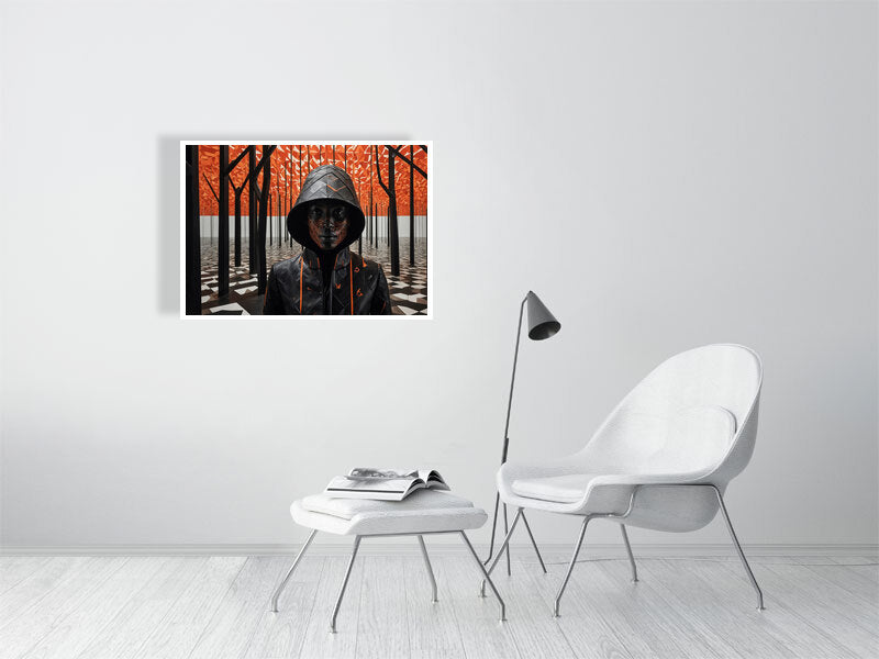 Fragments Of The Orange Labyrinth - Flame And Shadow by Marina Sable – Giclée Print, 30cm x 53cm, 11.8in x 21.0in, Print Only, placed above a sleek desk in a modern workspace