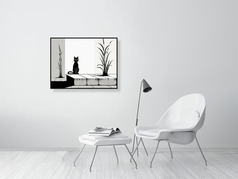 The Tale Of A Cat - Pt 1 - Solitary Grace by Elena Selene – Giclée Print, 45cm x 45cm, 17.7in x 17.8in, Print Only, placed above a sleek desk in a modern workspace
