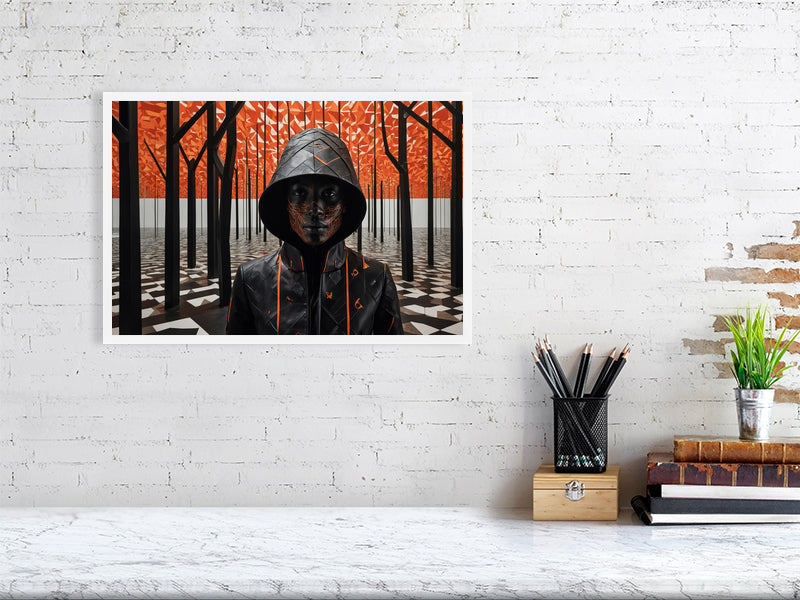 Fragments Of The Orange Labyrinth - Flame And Shadow by Marina Sable – Giclée Print, 40cm x 60cm, 15.8in x 23.6in, Print Only, placed above a sleek desk in a modern workspace