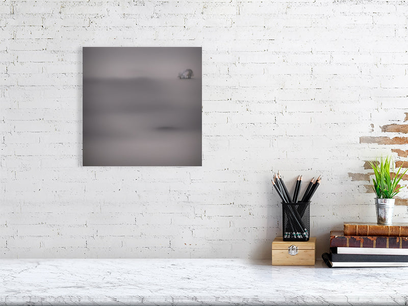 Ethereal Horizons - Pt 1 - Island Of Solitude by Lucas Vale – Giclée Print, 115cm x 115cm, 45.3in x 45.3in, Print Only, placed above a sleek desk in a modern workspace