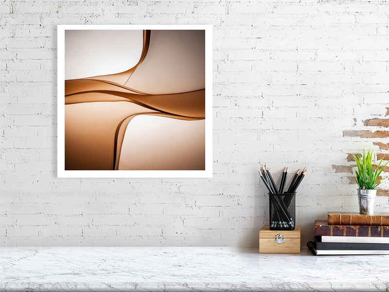 Golden Lumina - Sepia Flow by Lucas Vale – Giclée Print, 95cm x 98cm, 37.4in x 38.6in, Print Only, placed above a sleek desk in a modern workspace