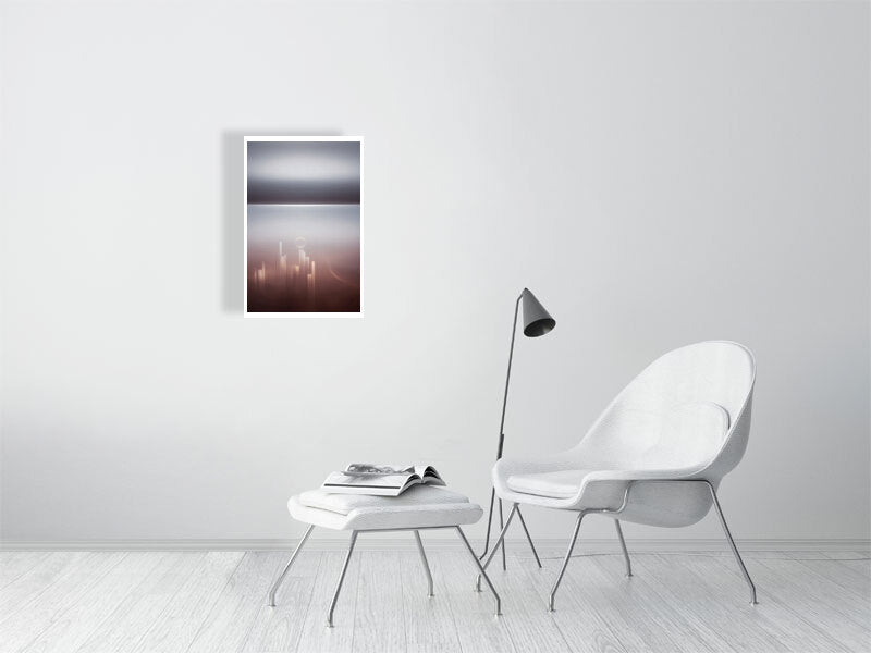 Ethereal Horizons - Pt 1 - Ascending Skyline by Lucas Vale – Giclée Print, 32cm x 40cm, 12.4in x 15.8in, Print Only, placed above a sleek desk in a modern workspace
