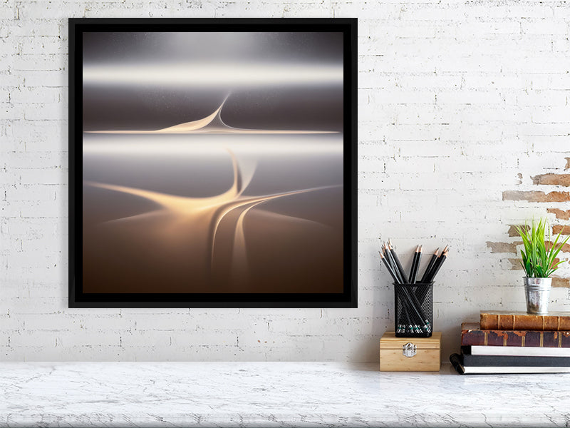 Golden Lumina - Veil Of Light by Lucas Vale – Giclée Print, 41cm x 44cm, 16.3in x 17.2in, Print Only, placed above a sleek desk in a modern workspace