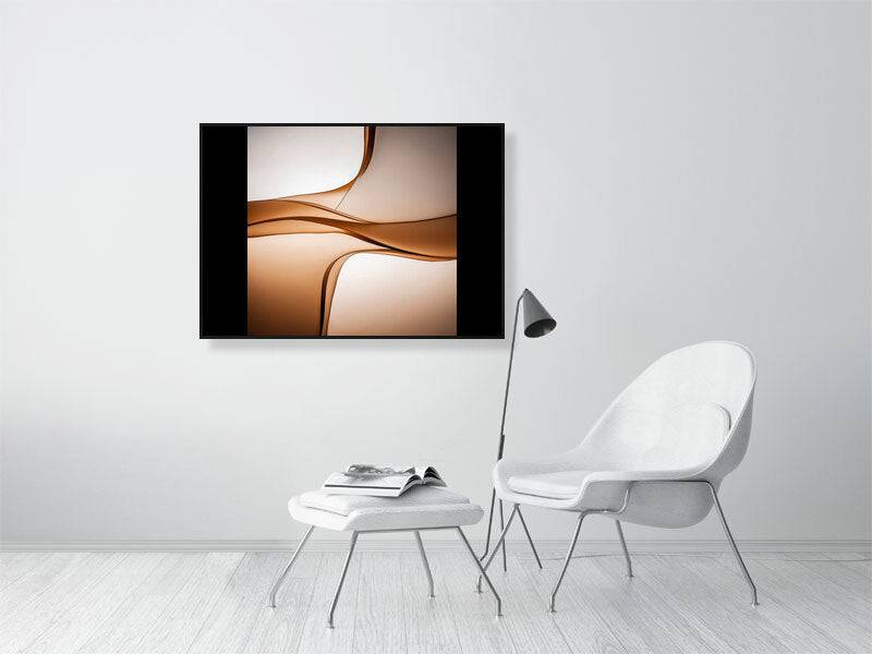 Golden Lumina - Sepia Flow by Lucas Vale – Giclée Print, 30cm x 30cm, 11.8in x 11.8in, Print Only, placed above a sleek desk in a modern workspace