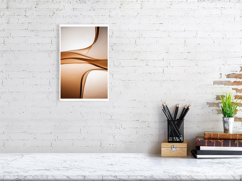 Golden Lumina - Sepia Flow by Lucas Vale – Giclée Print, 31cm x 41cm, 12.1in x 16.1in, Print Only, placed above a sleek desk in a modern workspace