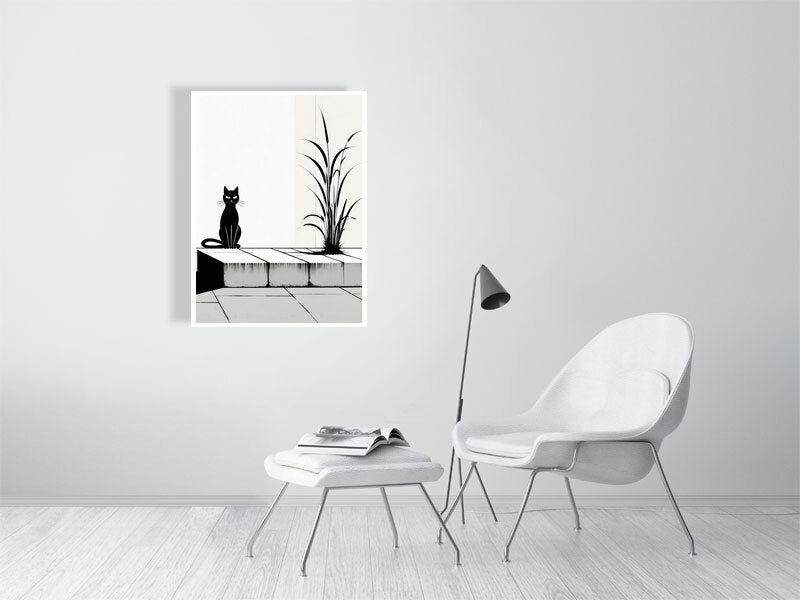 The Tale Of A Cat - Pt 1 - Solitary Grace by Elena Selene – Giclée Print, 30cm x 30cm, 11.8in x 11.8in, Print Only, placed above a sleek desk in a modern workspace