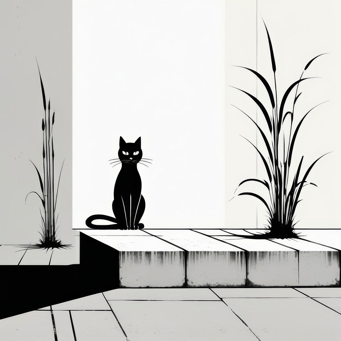 The Tale Of A Cat - Pt 1 - Solitary Grace by Elena Selene – Giclée Print, 43cm x 65cm, 16.9in x 25.6in, Print Only, placed above a sleek desk in a modern workspace