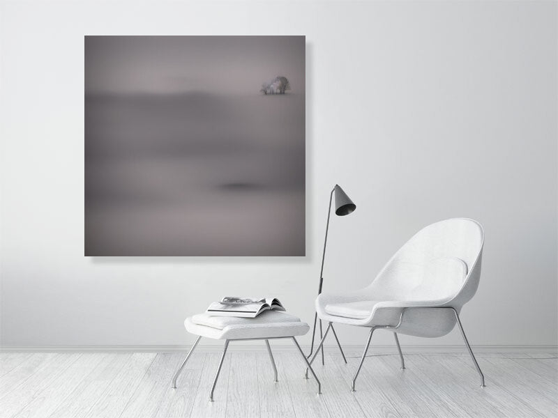 Ethereal Horizons - Pt 1 - Island Of Solitude by Lucas Vale – Giclée Print, 50cm x 50cm, 19.7in x 19.7in, Print Only, placed above a sleek desk in a modern workspace