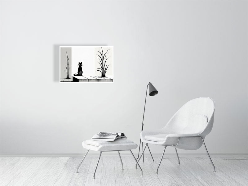 The Tale Of A Cat - Pt 1 - Solitary Grace by Elena Selene – Giclée Print, 22cm x 35cm, 8.7in x 13.7in, Print Only, placed above a sleek desk in a modern workspace