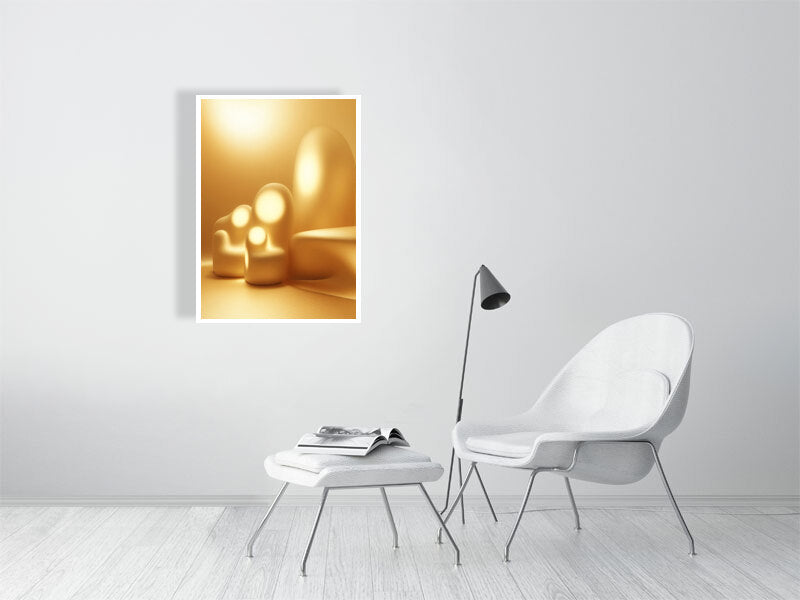 Golden Lumina - Luminous Haven by Lucas Vale – Giclée Print, 41cm x 41cm, 16.0in x 16.2in, Print Only, placed above a sleek desk in a modern workspace