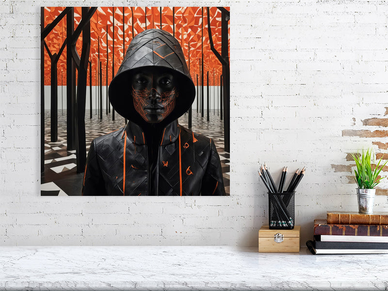 Fragments Of The Orange Labyrinth - Flame And Shadow by Marina Sable – Giclée Print, 60cm x 80cm, 23.8in x 31.5in, Black Frame, placed above a sleek desk in a modern workspace