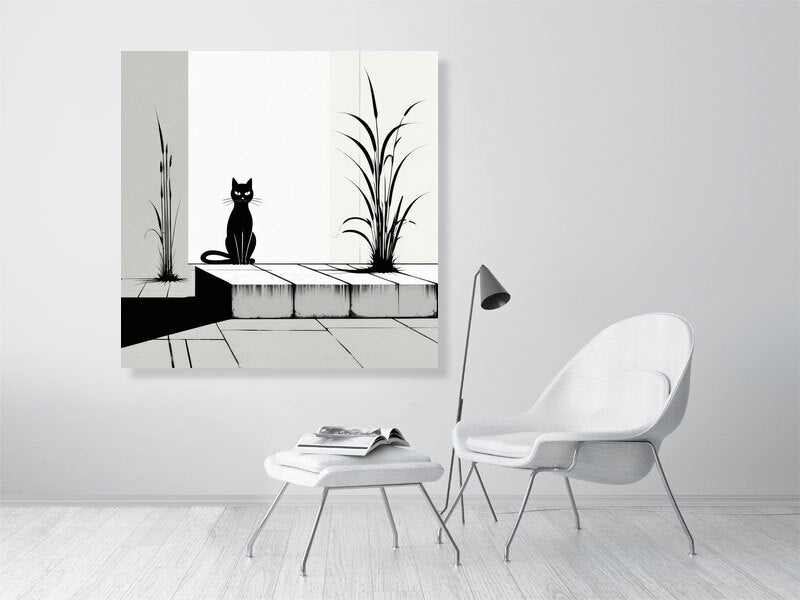 The Tale Of A Cat - Pt 1 - Solitary Grace by Elena Selene – Giclée Print, 50cm x 50cm, 19.7in x 19.7in, Print Only, placed above a sleek desk in a modern workspace
