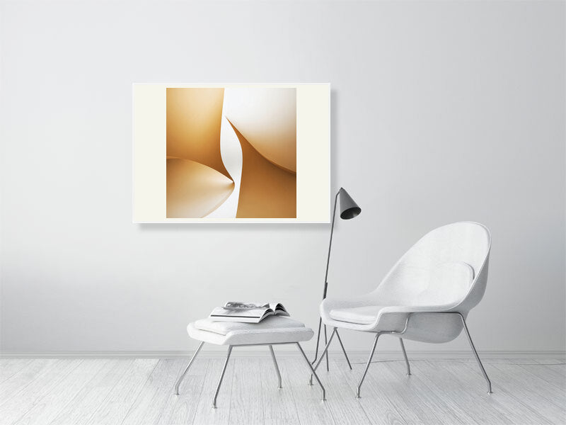 Golden Lumina - Golden Aperture by Lucas Vale – Giclée Print, 30cm x 30cm, 11.8in x 11.8in, Print Only, placed above a sleek desk in a modern workspace