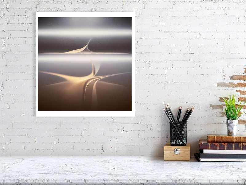 Golden Lumina - Veil Of Light by Lucas Vale – Giclée Print, 40cm x 40cm, 15.8in x 15.8in, Black Frame, placed above a sleek desk in a modern workspace