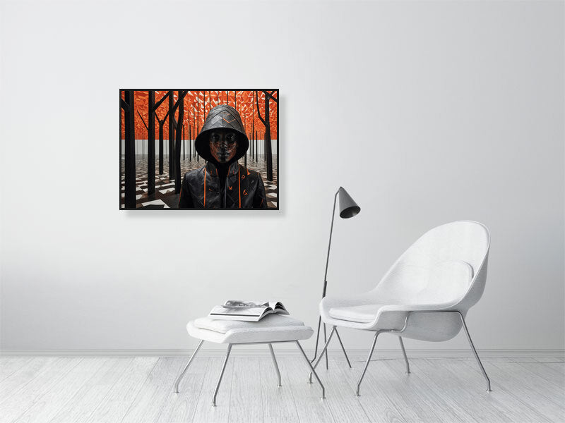Fragments Of The Orange Labyrinth - Flame And Shadow by Marina Sable – Giclée Print, 28cm x 45cm, 11.1in x 17.7in, Print Only, placed above a sleek desk in a modern workspace