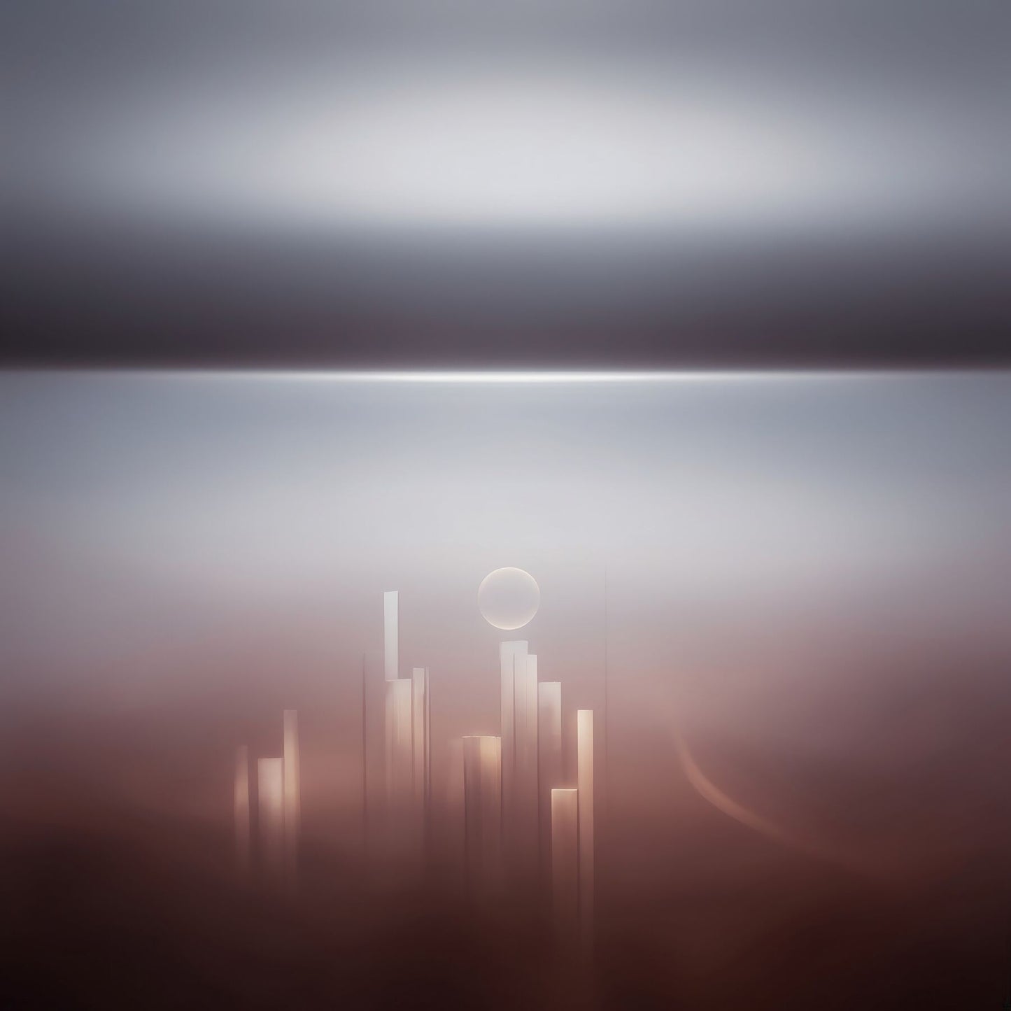 Ethereal Horizons - Pt 1 - Ascending Skyline by Lucas Vale – Giclée Print, 40cm x 61cm, 15.9in x 24.0in, Print Only, placed above a sleek desk in a modern workspace