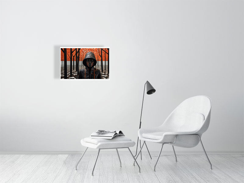 Fragments Of The Orange Labyrinth - Flame And Shadow by Marina Sable – Giclée Print, 30cm x 45cm, 11.8in x 17.7in, White Frame, placed above a sleek desk in a modern workspace