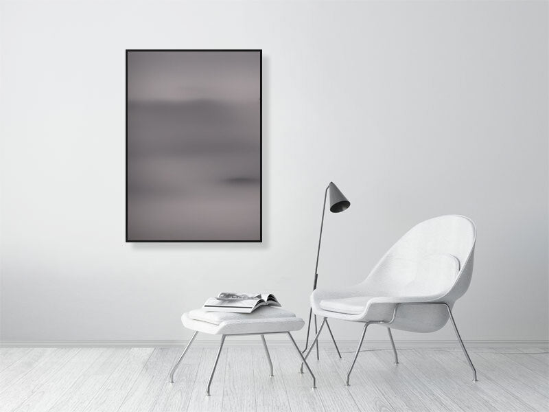 Ethereal Horizons - Pt 1 - Island Of Solitude by Lucas Vale – Giclée Print, 60cm x 80cm, 23.8in x 31.5in, Black Frame, placed above a sleek desk in a modern workspace