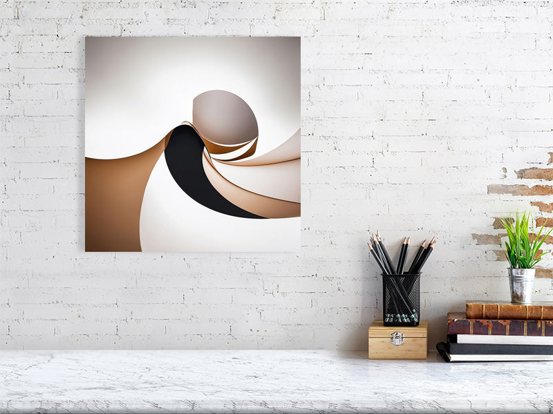 Golden Lumina - Spiral Interlude by Lucas Vale – Giclée Print, 70cm x 100cm, 27.6in x 39.4in, Black Frame, placed above a sleek desk in a modern workspace