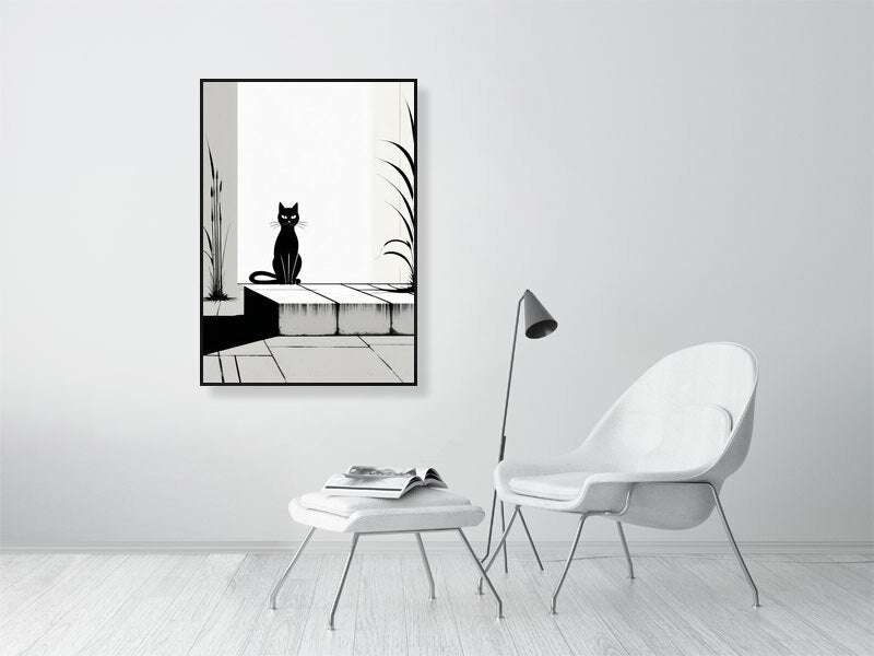 The Tale Of A Cat - Pt 1 - Solitary Grace by Elena Selene – Giclée Print, 70cm x 100cm, 27.6in x 39.4in, Black Frame, placed above a sleek desk in a modern workspace