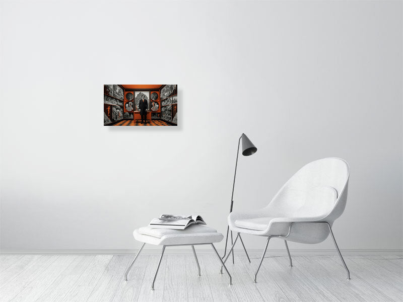 Fragments Of The Orange Labyrinth - Harbinger'S Study by Marina Sable – Giclée Print, 115cm x 205cm, 45.3in x 80.7in, Print Only, placed above a sleek desk in a modern workspace